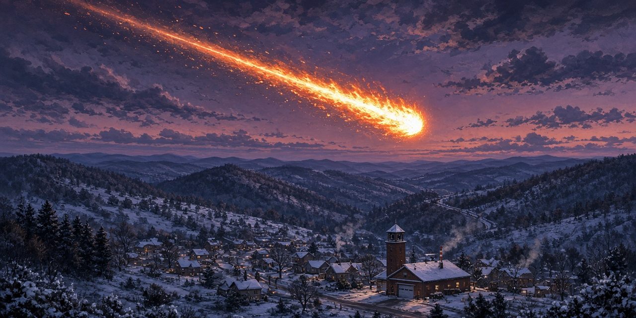 kecksburg-featured Illustration of a bright fireball streaking over snowy Western Pennsylvania hills at dusk in December 1965