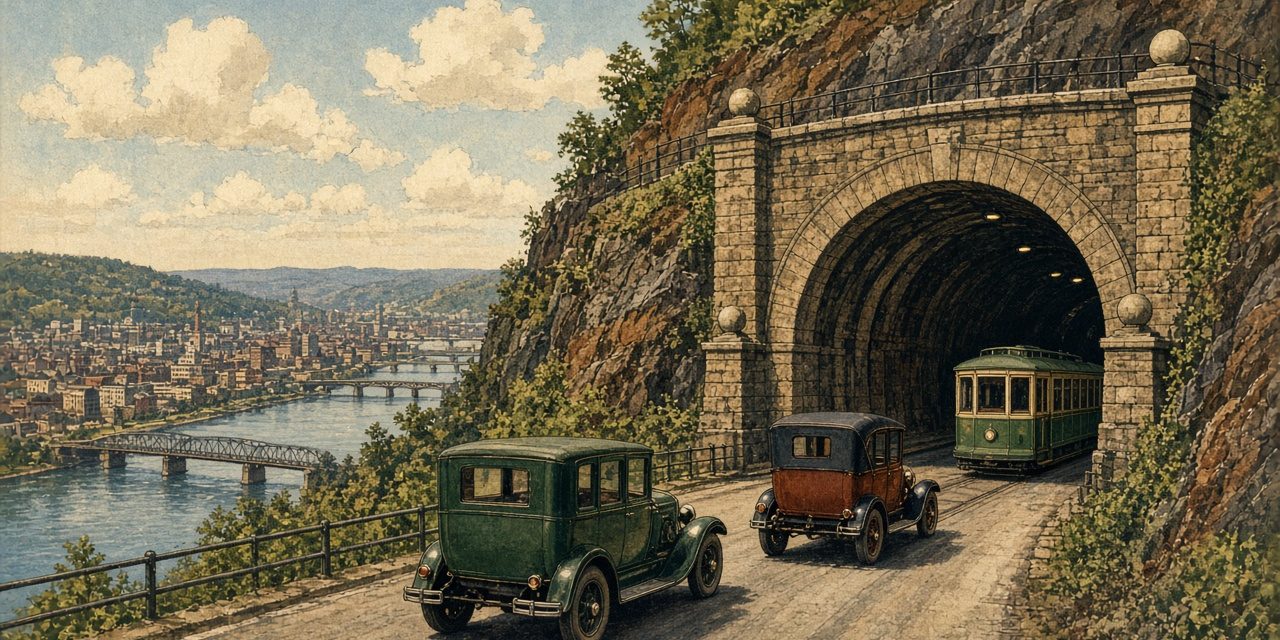 liberty-tunnel-featured Illustration of the north portal of the Liberty Tunnel in the 1920s with early cars and a streetcar