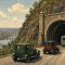 Illustration of the north portal of the Liberty Tunnel in the 1920s with early cars and a streetcar