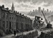 Illustration of a Lower Hill District row-house street with a wrecking crane at the end of the block and the downtown skyline behind.