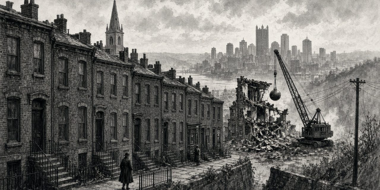 lower-hill-featured Illustration of a Lower Hill District row-house street with a wrecking crane at the end of the block and the downtown skyline behind.